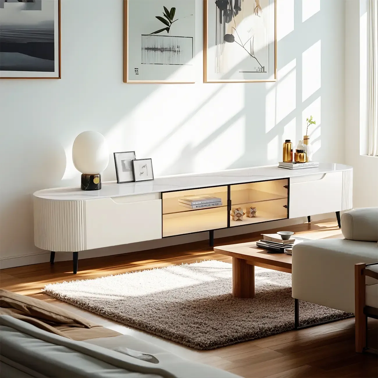 Durable Beige Wooden TV Stand with Open Storage & Drawers Image - 1