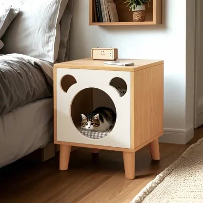 Modern Natural Wood Pet-Friendly Bedside Table with Bear Pattern Image - 1