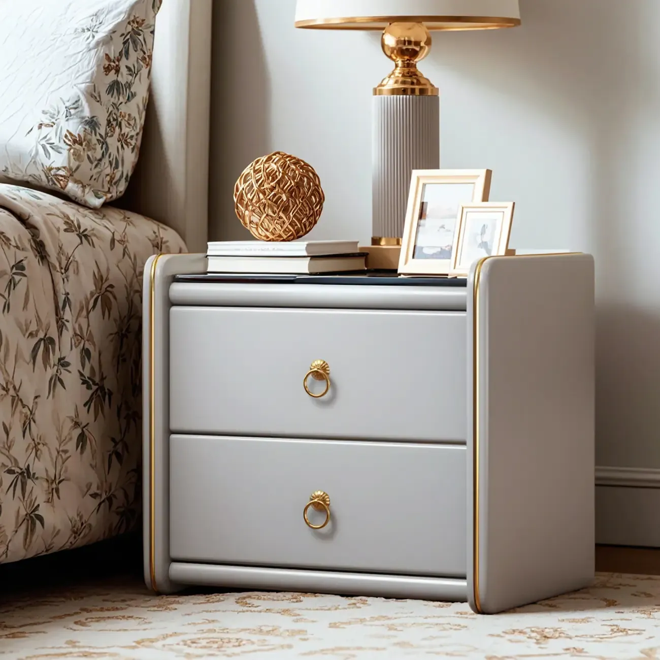 Modern White Wood Nightstand with Glass Top 2 Drawers Image - 1
