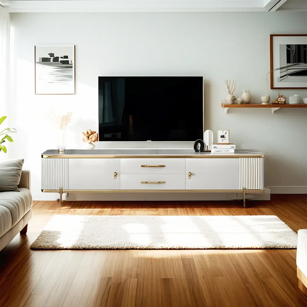 Stylish White Stone TV Stand with Metal Frame for Living Room Image - 1