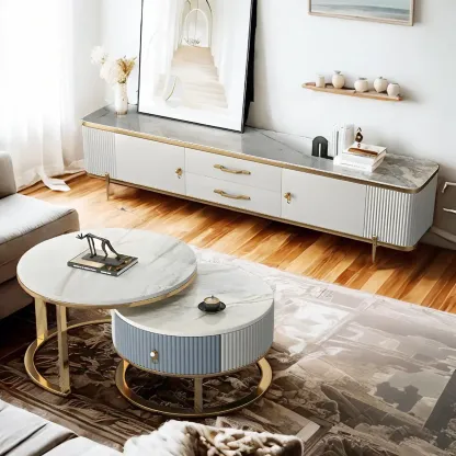 Stylish White Stone TV Stand with Metal Frame for Living Room Image - 2