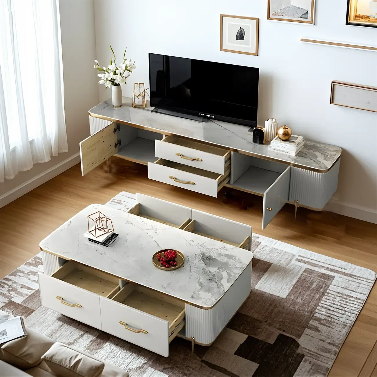 Stylish White Stone TV Stand with Metal Frame for Living Room Image - 3