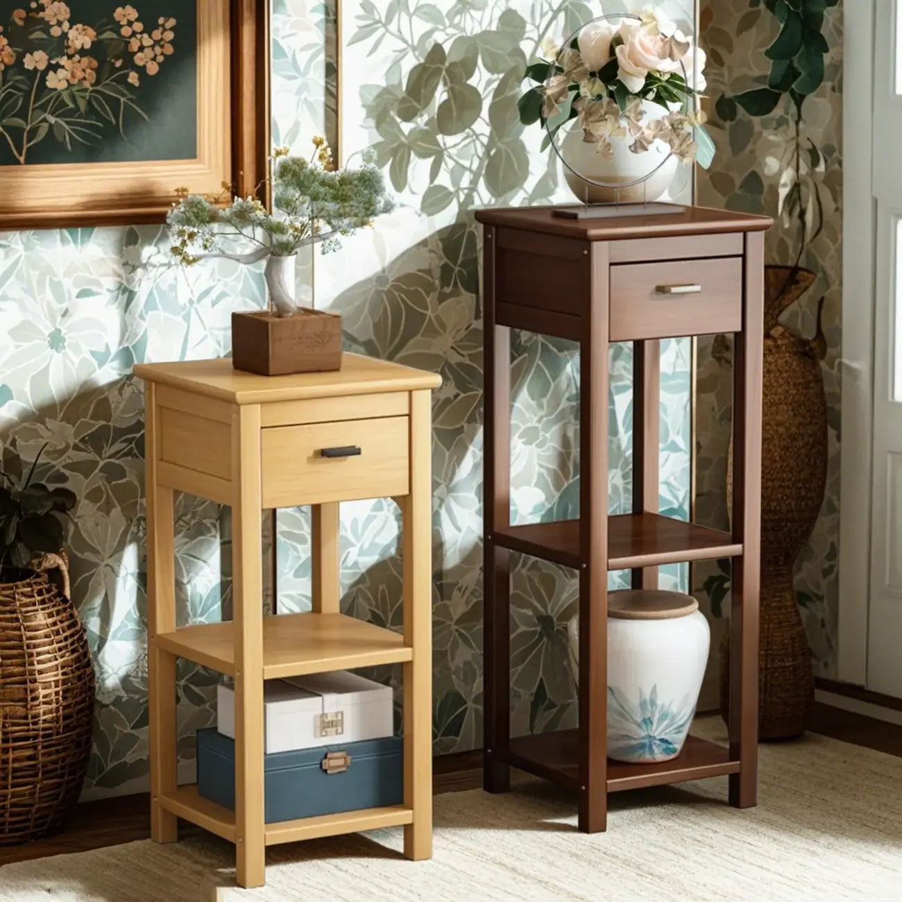 Simple Solid Wooden Nightstand with Drawers and Shelf Storage Image - 5 | homeyfad