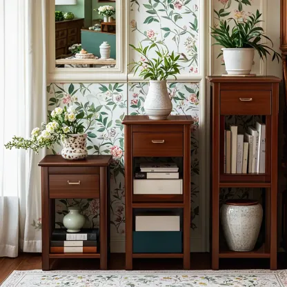 Simple Solid Wooden Nightstand with Drawers and Shelf Storage Image - 6