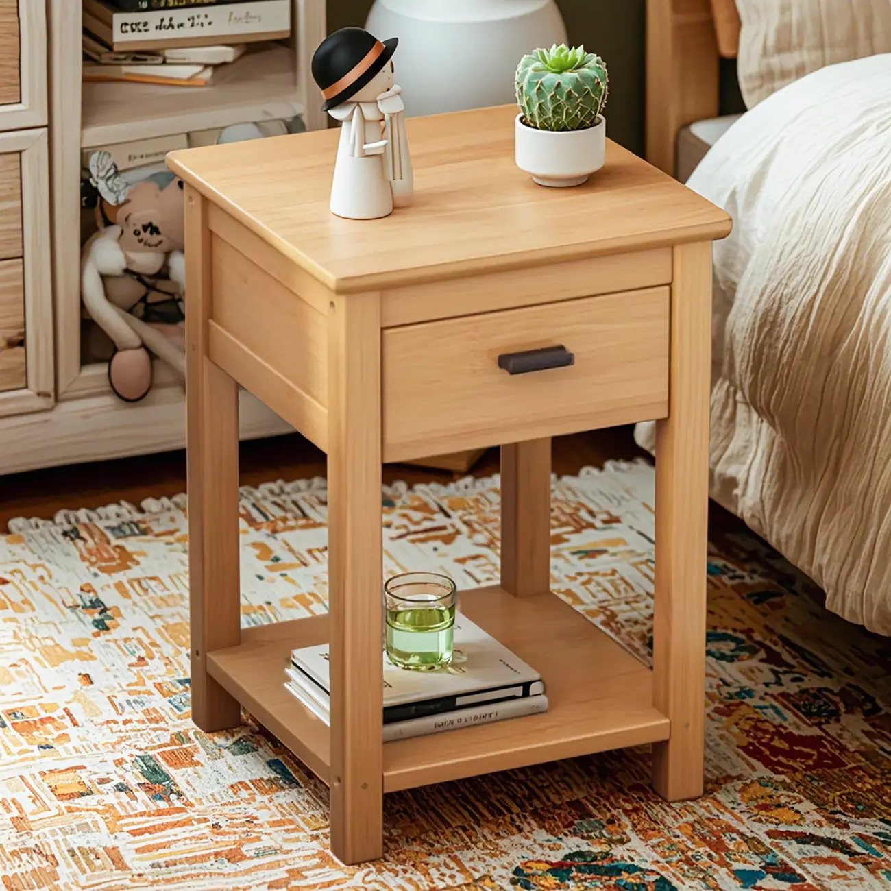 Simple Solid Wooden Nightstand with Drawers and Shelf Storage Image - 1 | homeyfad
