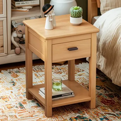 Simple Solid Wooden Nightstand with Drawers and Shelf Storage Image - 1