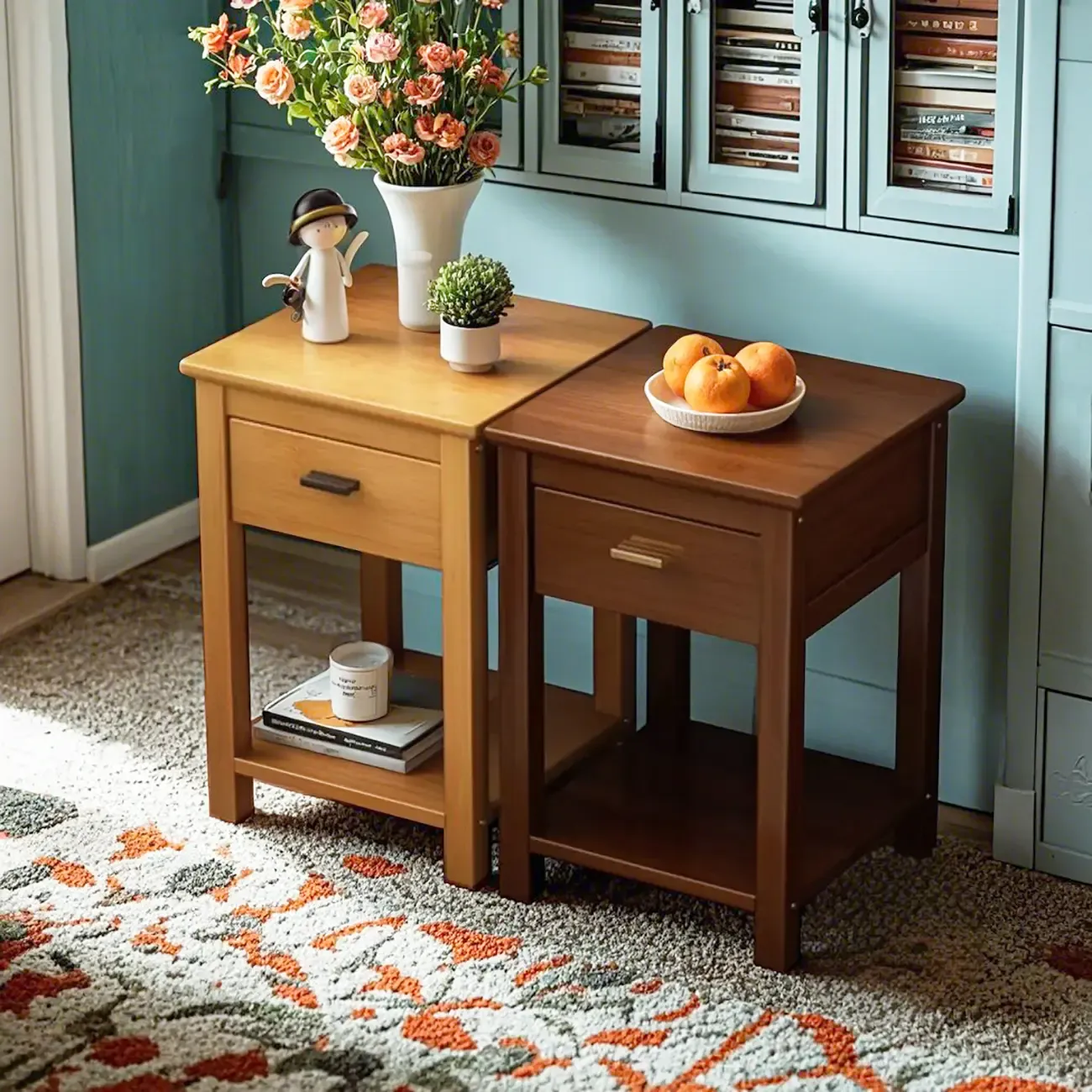 Simple Solid Wooden Nightstand with Drawers and Shelf Storage Image - 2