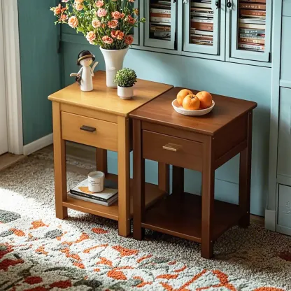 Simple Solid Wooden Nightstand with Drawers and Shelf Storage Image - 2