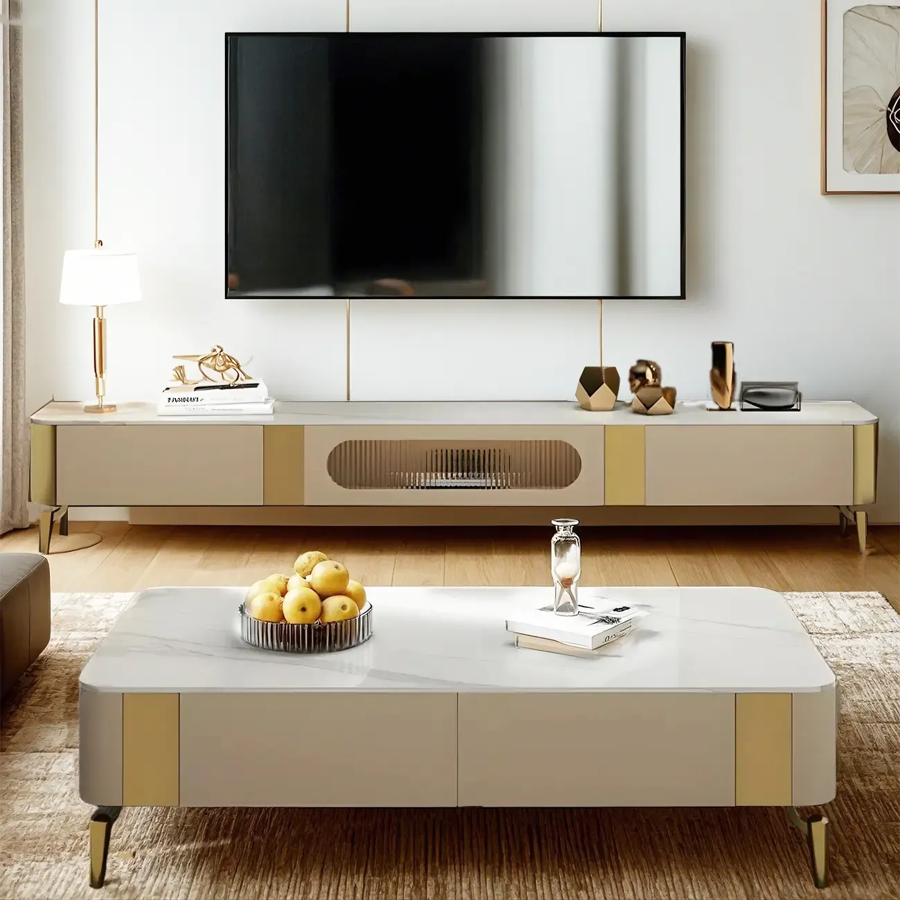 Modern Stone TV Stand with Shelves & Legs for Living Room Image - 2
