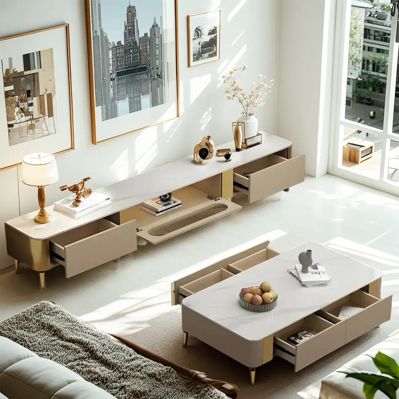 Modern Stone TV Stand with Shelves & Legs for Living Room Image - 3