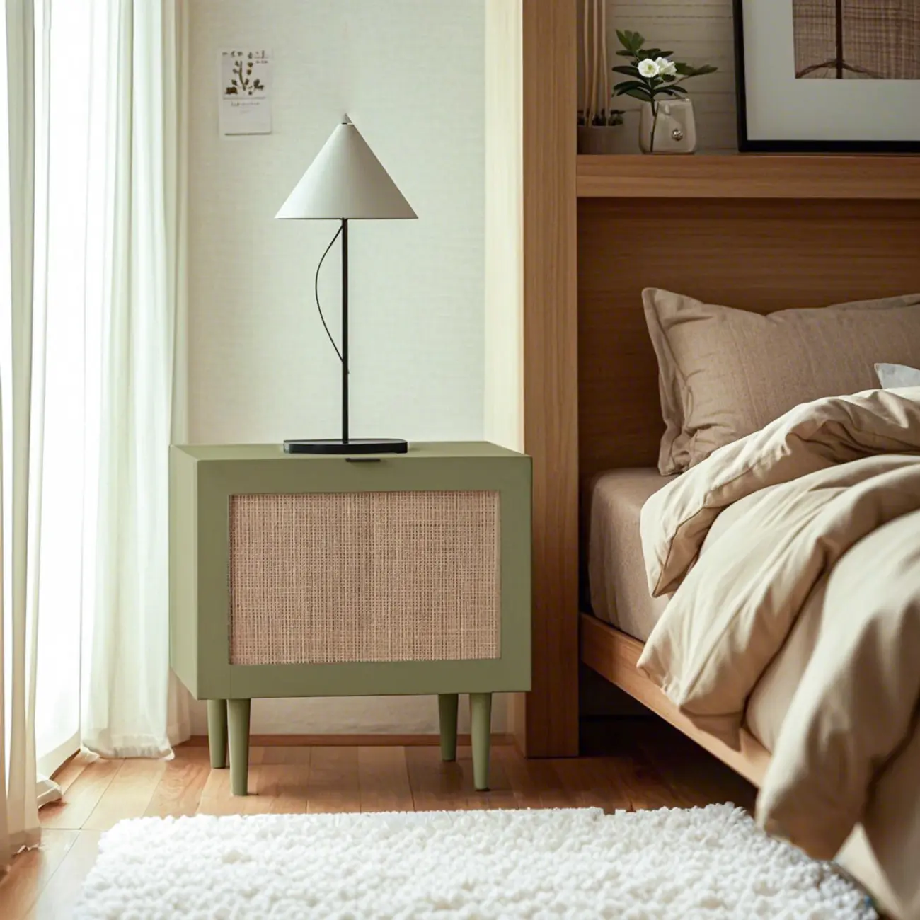 Modern Rattan Bedside Table in Green with Built in Storage Image - 1 | homeyfad