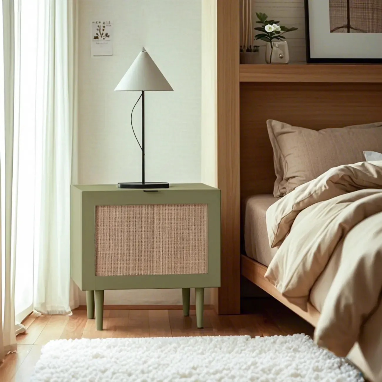 Modern Rattan Bedside Table in Green with Built in Storage Image - 1