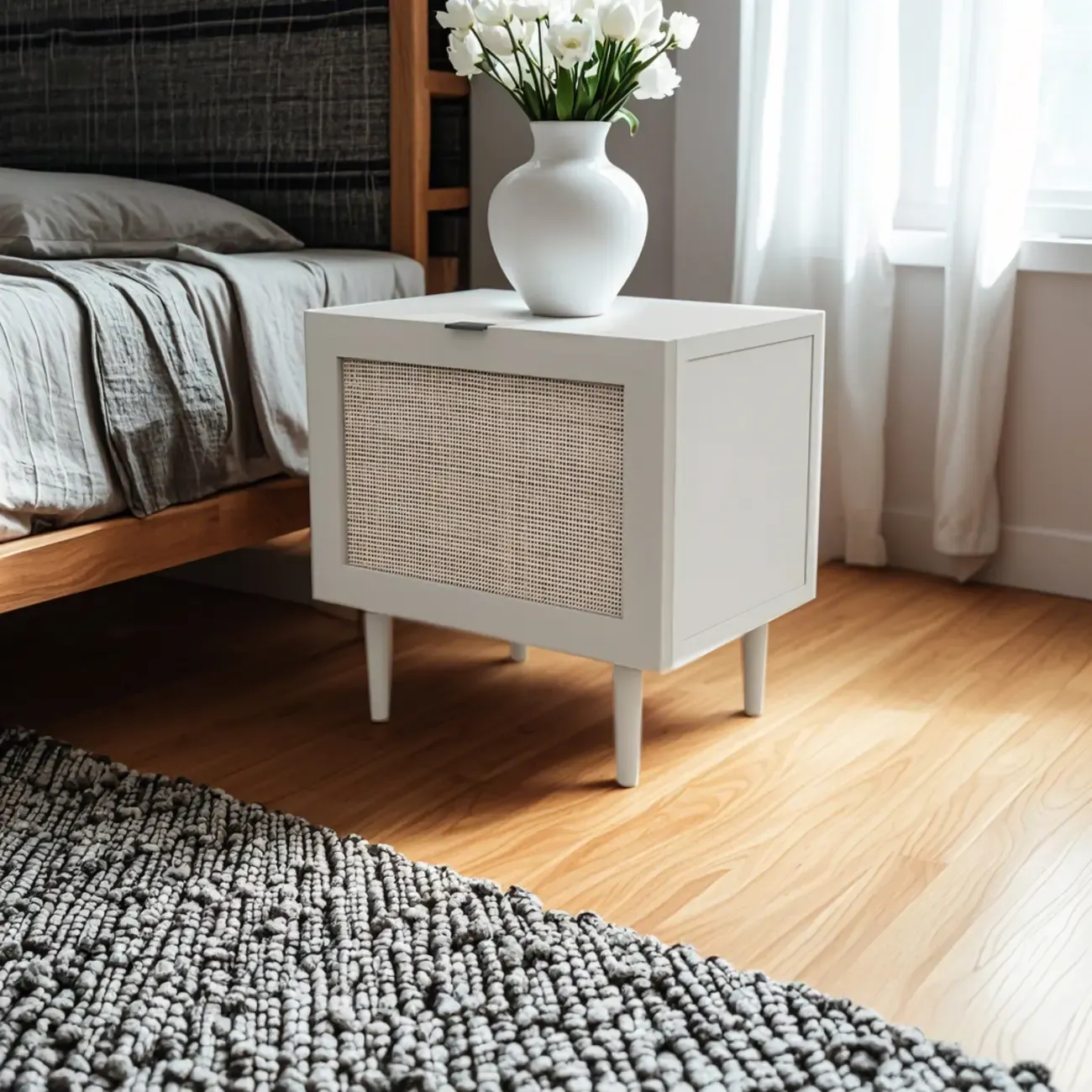 Modern Rattan Bedside Table in Green with Built in Storage Image - 2