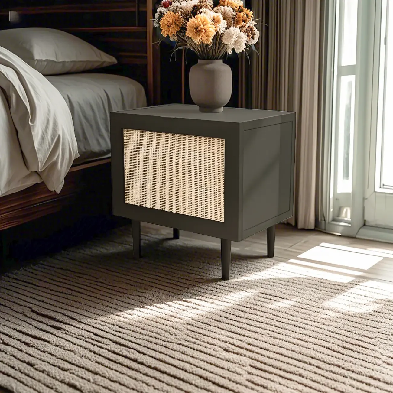 Modern Rattan Bedside Table in Green with Built in Storage Image - 5