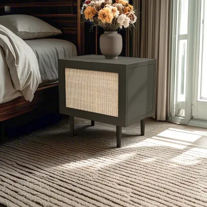 Modern Rattan Bedside Table in Green with Built in Storage Image - 5