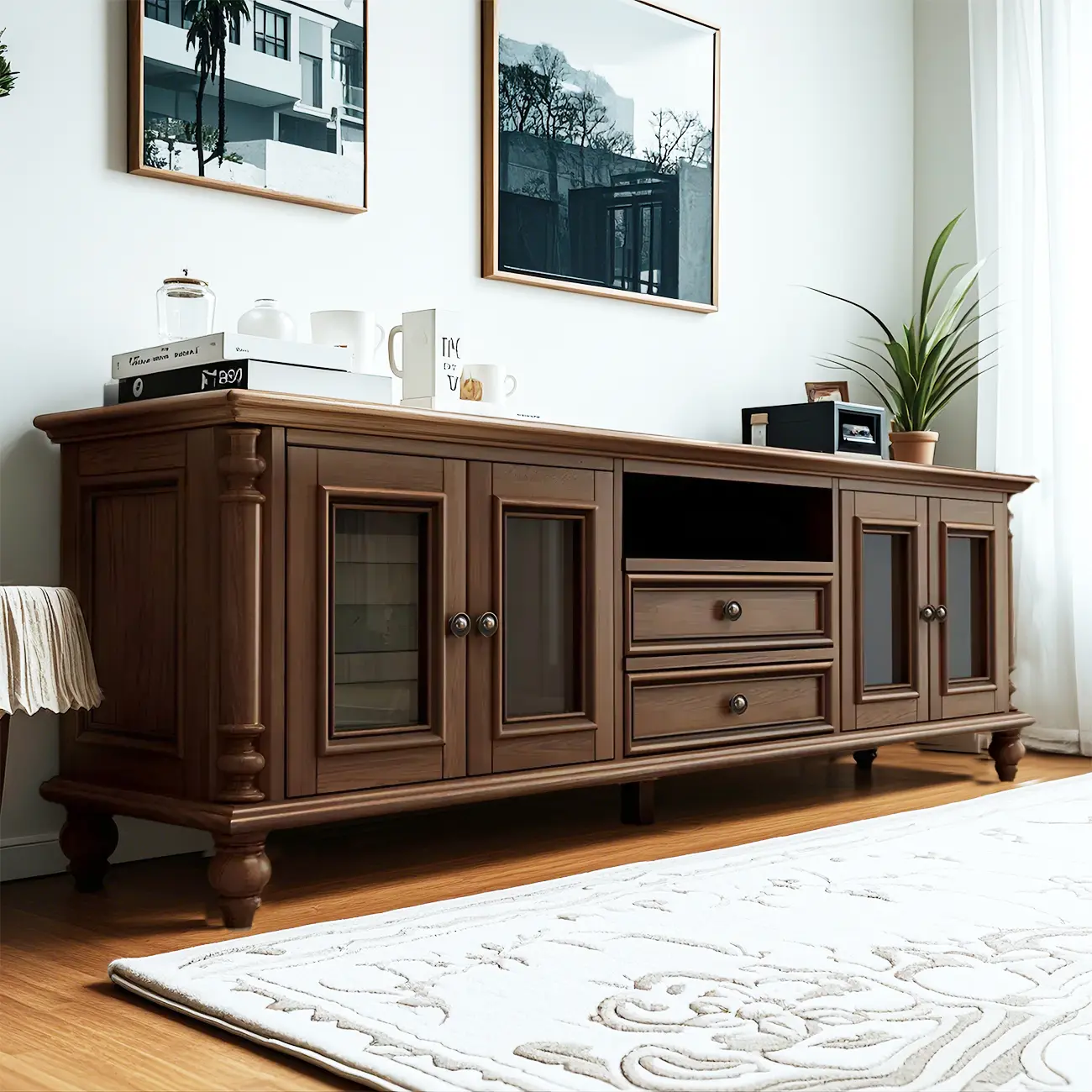 Traditional Wooden TV Stand with Drawers & Shelves for Home Image - 1 | homeyfad