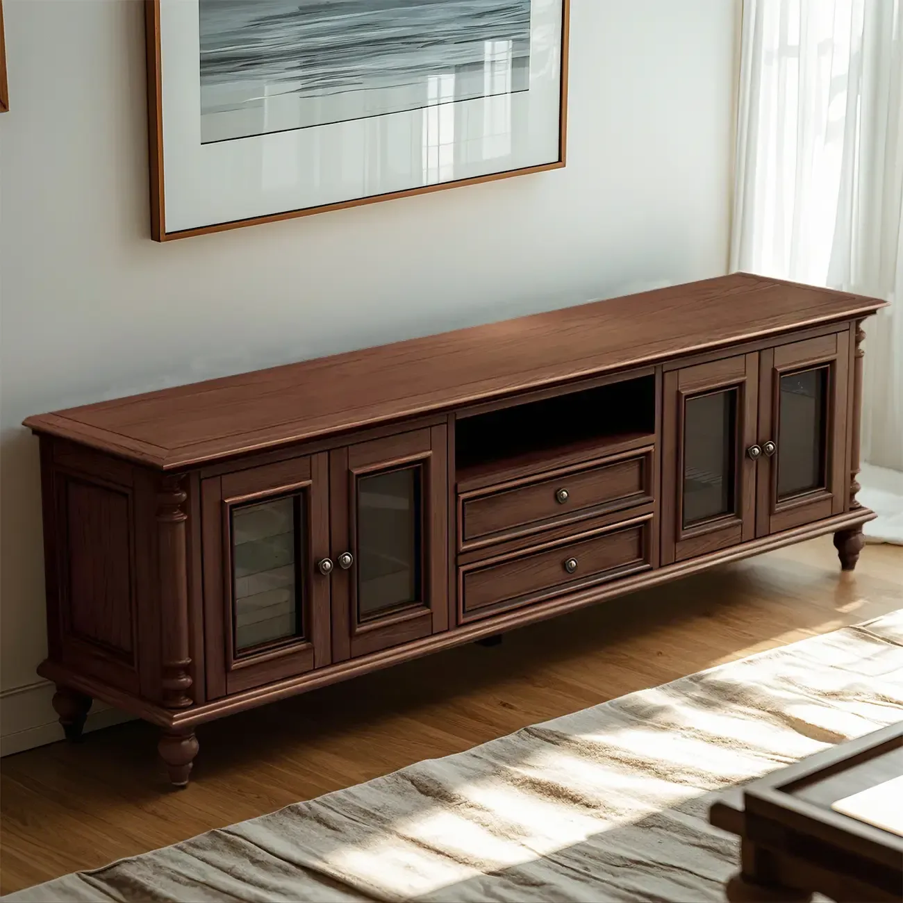 Traditional Wooden TV Stand with Drawers & Shelves for Home Image - 3