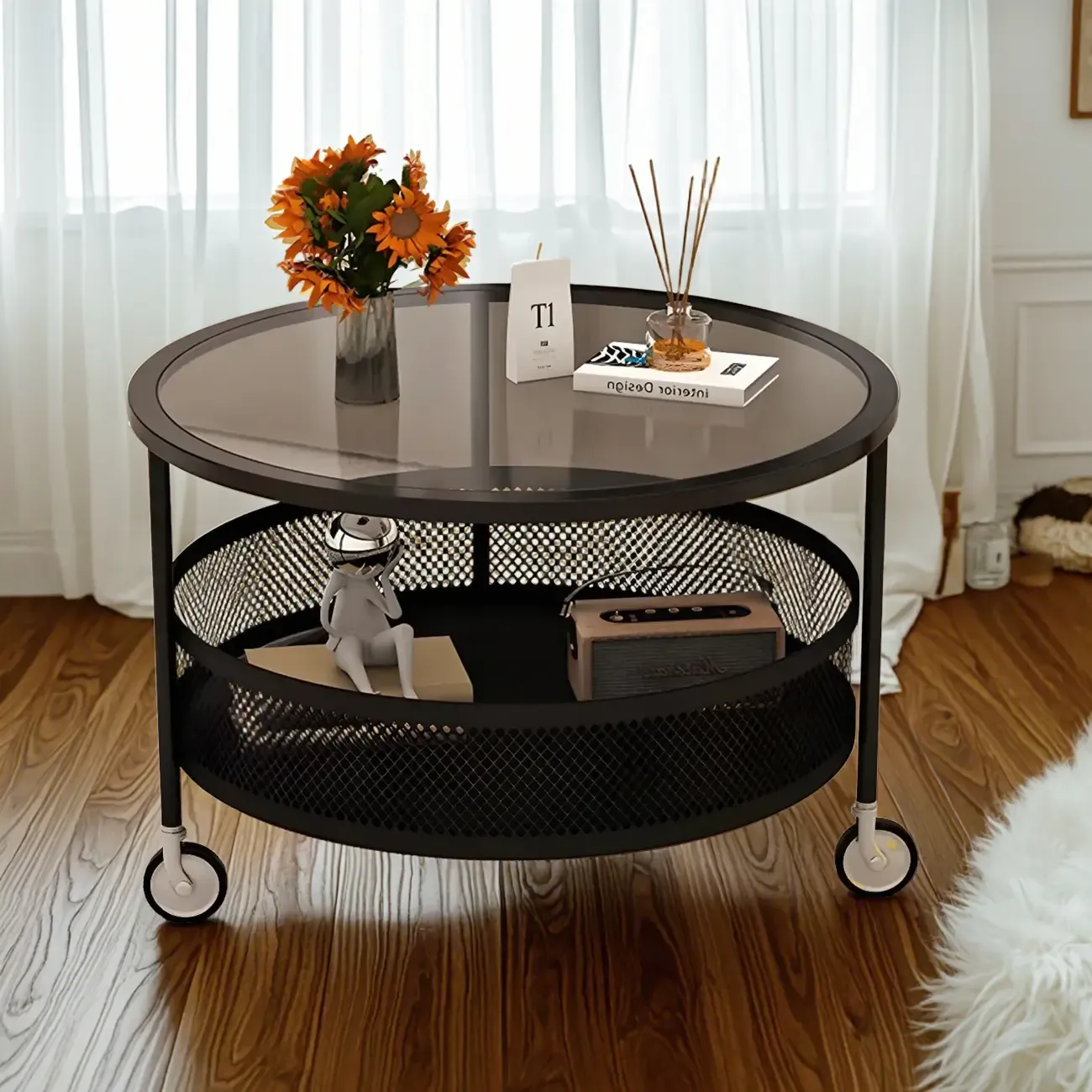 Modern Glass Black Round Coffee Table with Wheels Image - 1