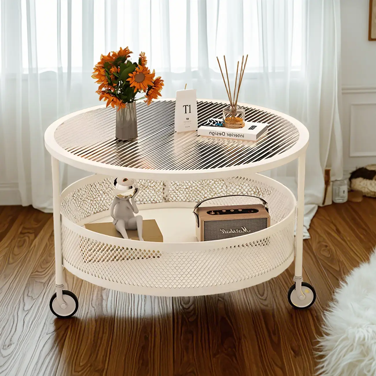 Modern Glass Black Round Coffee Table with Wheels Image - 2 | homeyfad