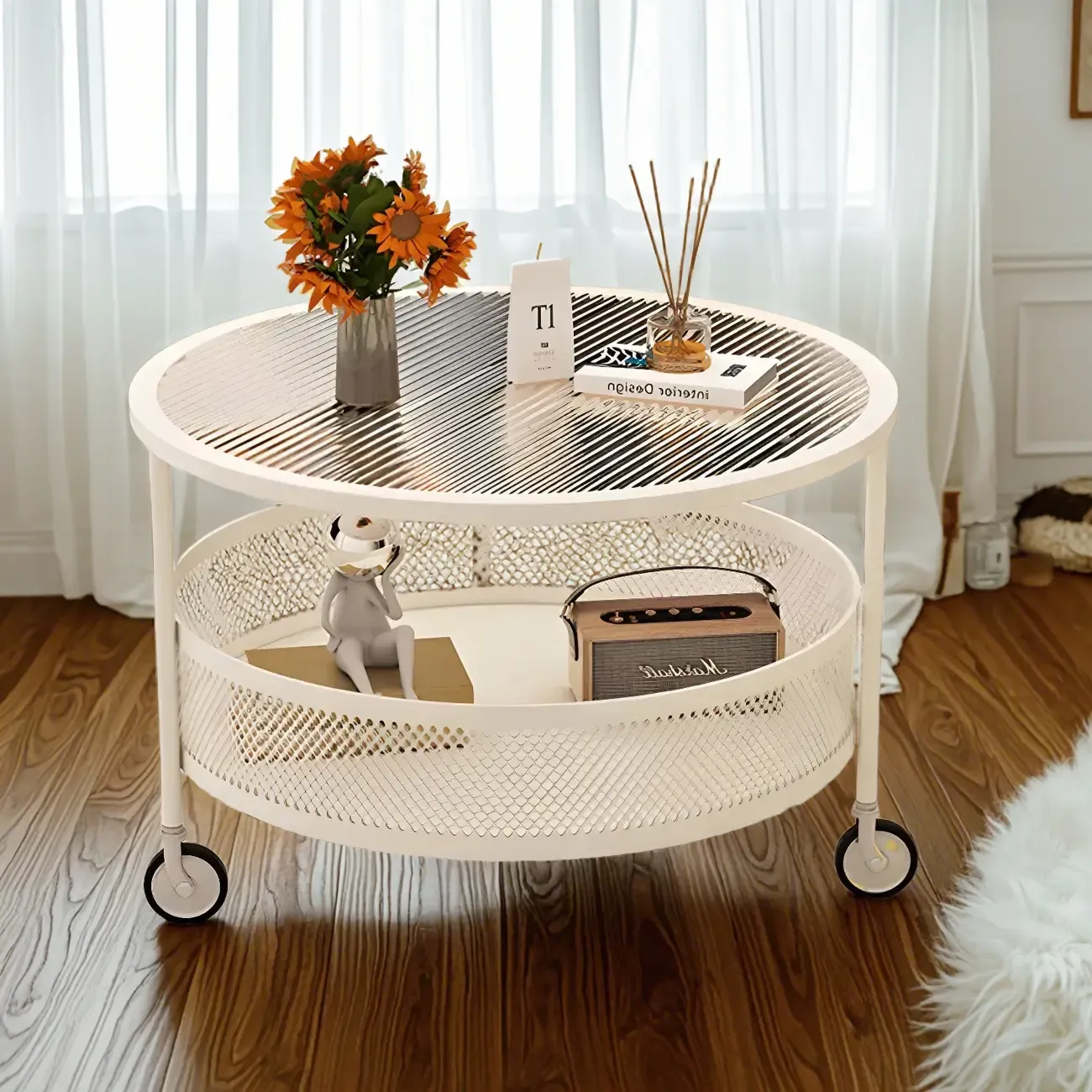 Modern Glass Black Round Coffee Table with Wheels Image - 2