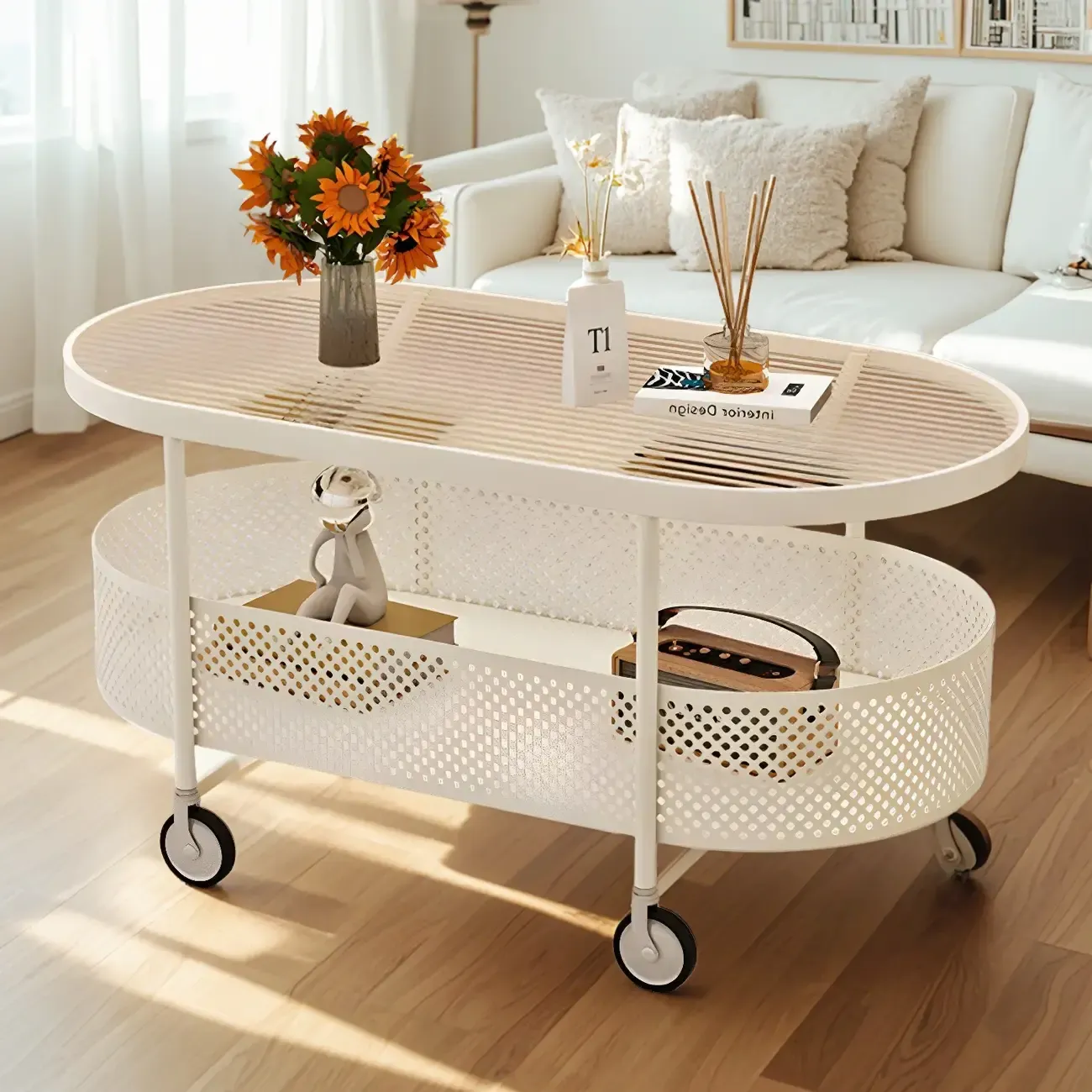 Modern Glass Black Round Coffee Table with Wheels Image - 3