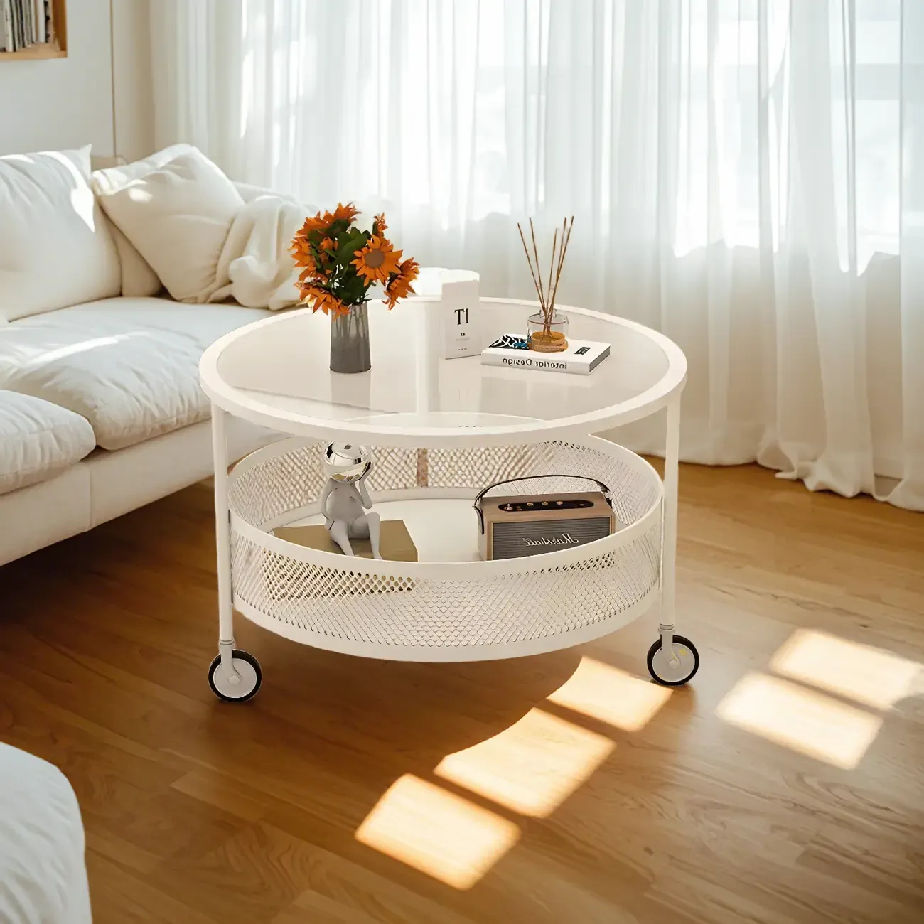 Modern Glass Black Round Coffee Table with Wheels Image - 4