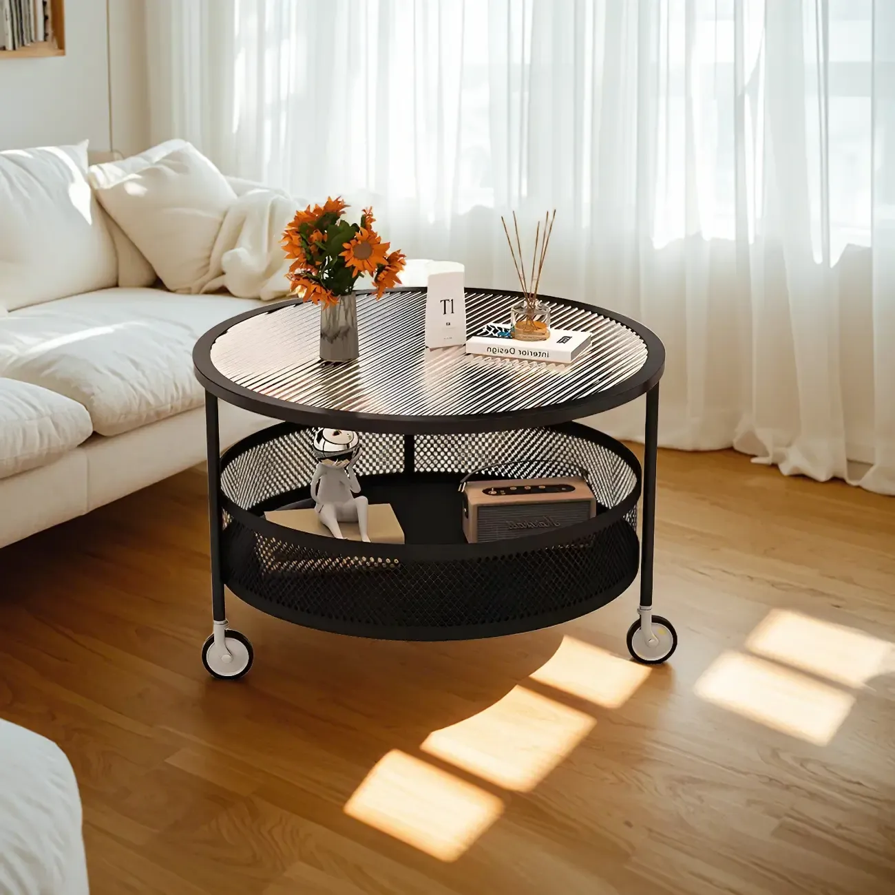 Modern Glass Black Round Coffee Table with Wheels Image - 8
