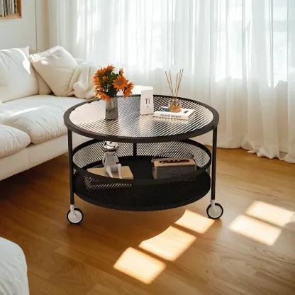 Modern Glass Black Round Coffee Table with Wheels Image - 8