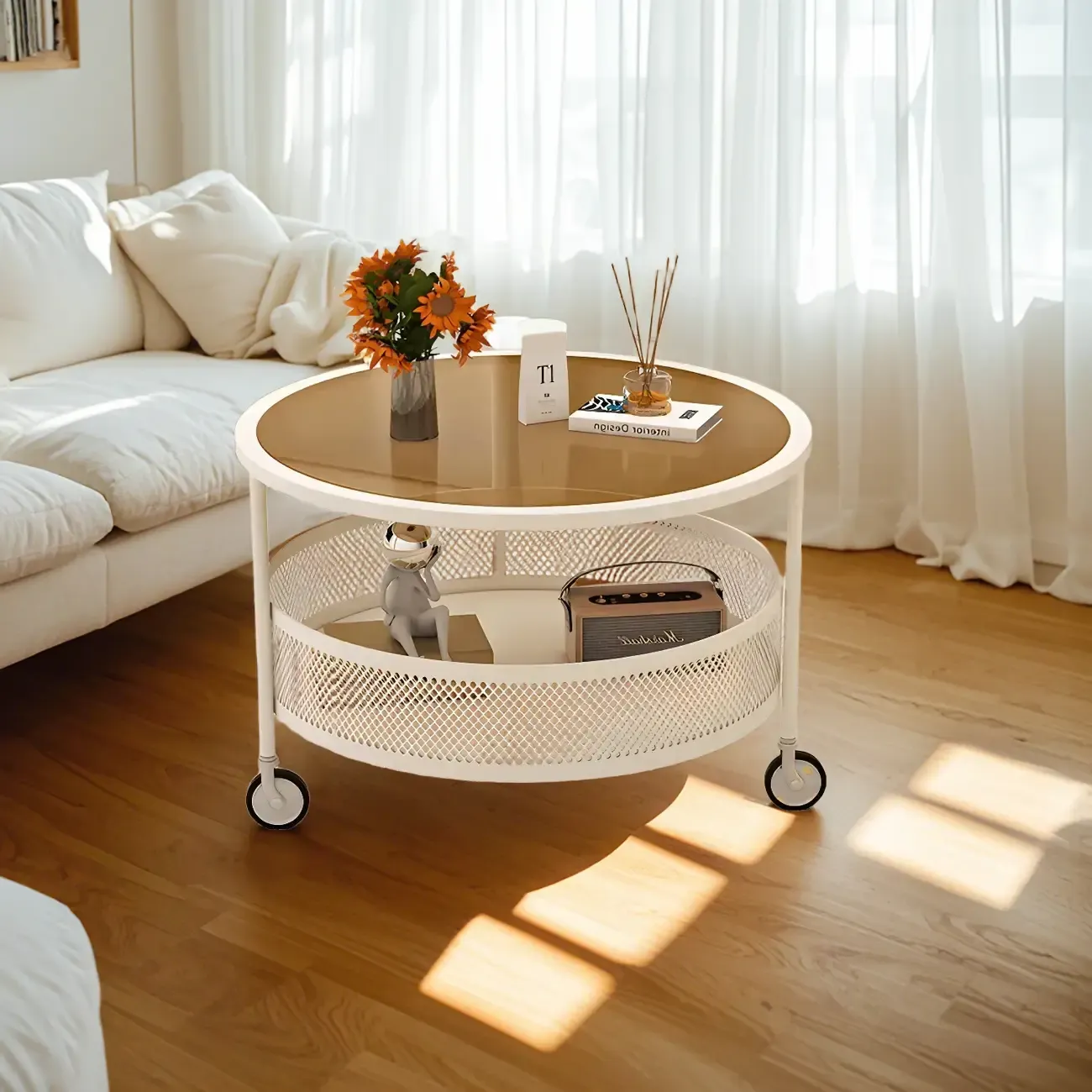 Modern Glass Black Round Coffee Table with Wheels Image - 6
