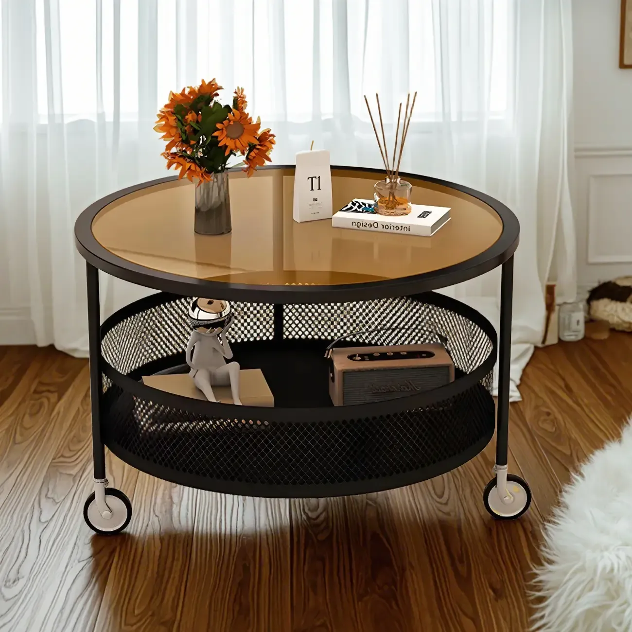 Modern Glass Black Round Coffee Table with Wheels Image - 7