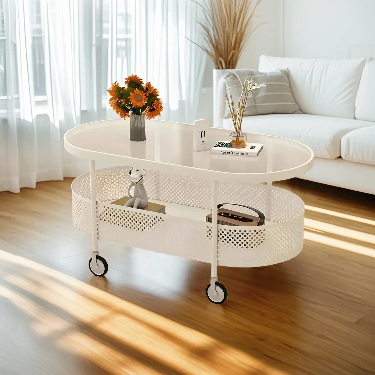 Modern Glass Black Round Coffee Table with Wheels Image - 10