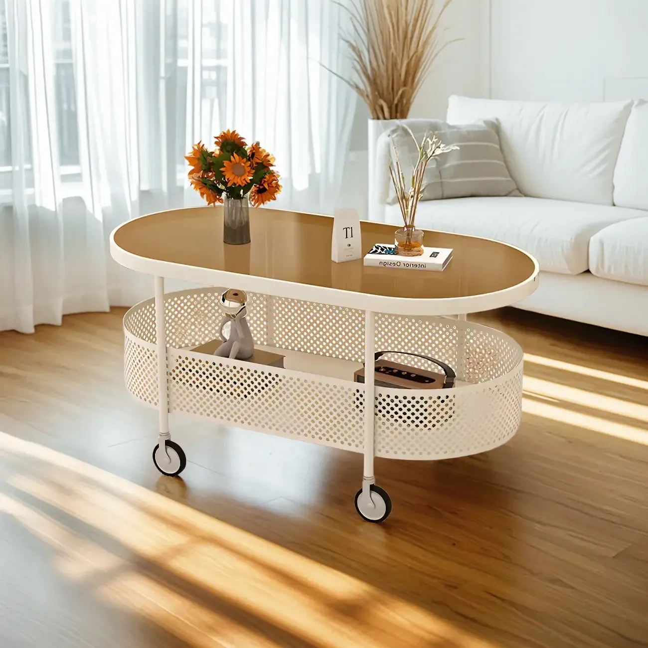 Modern Glass Black Round Coffee Table with Wheels Image - 11