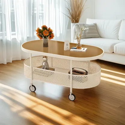 Modern Glass Black Round Coffee Table with Wheels Image - 11