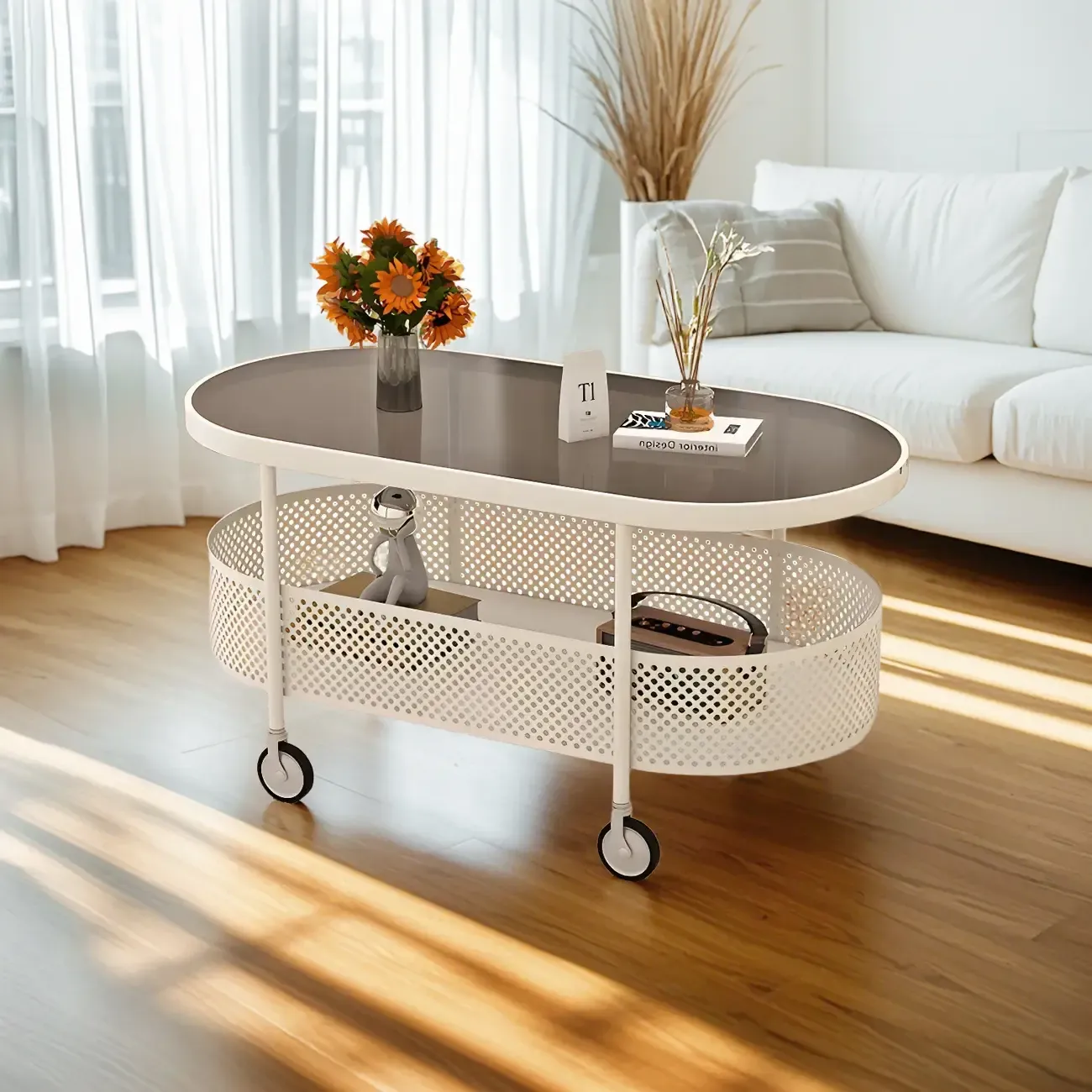 Modern Glass Black Round Coffee Table with Wheels Image - 13