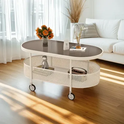Modern Glass Black Round Coffee Table with Wheels Image - 13