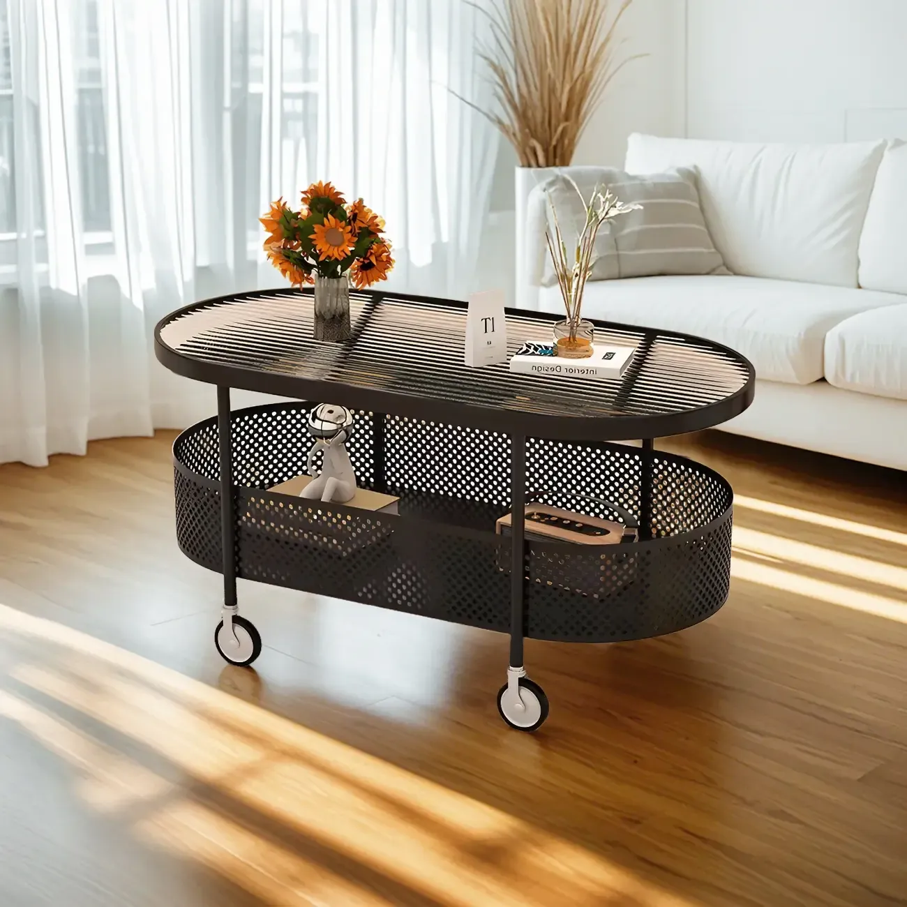 Modern Glass Black Round Coffee Table with Wheels Image - 14