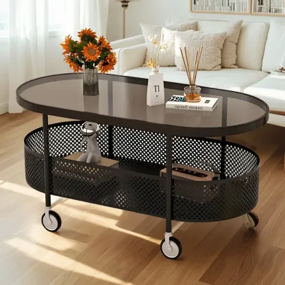 Modern Glass Black Round Coffee Table with Wheels Image - 15