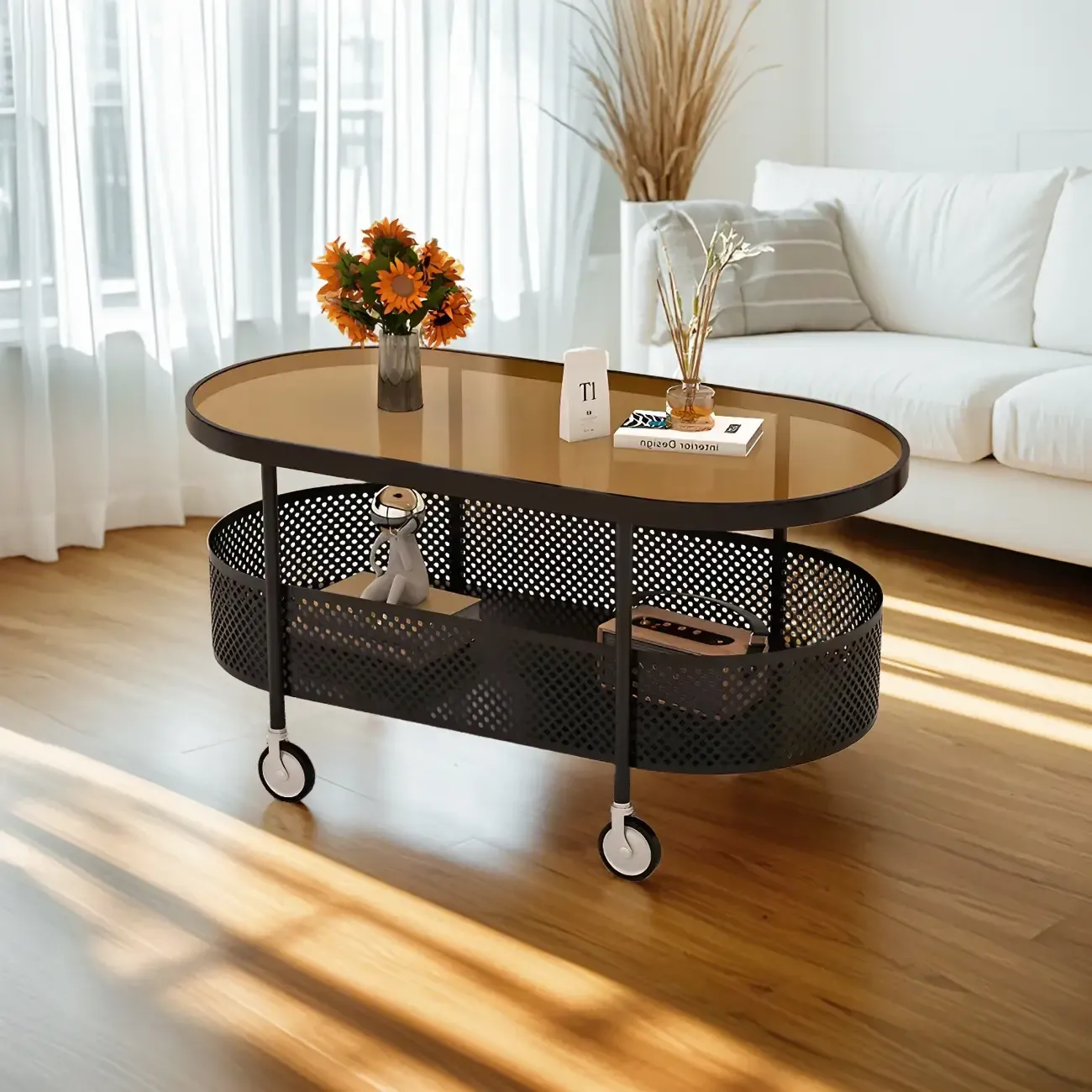Modern Glass Black Round Coffee Table with Wheels Image - 16