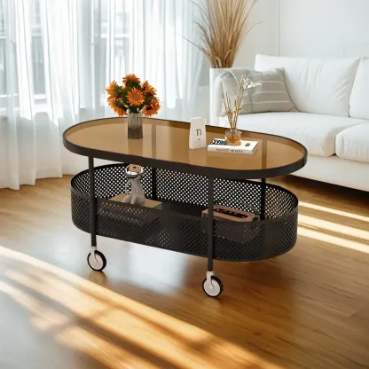 Modern Glass Black Round Coffee Table with Wheels Image - 16