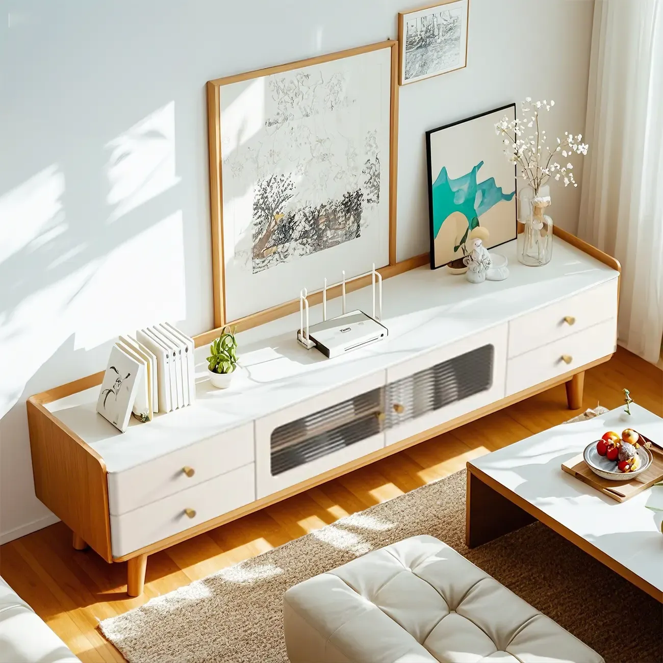 Minimalist Stone TV Stand with Drawers & Wooden Legs for Home Image - 2