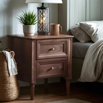 Traditional Nut Brown Wooden Bedside Table with 2 Drawers Image - 3
