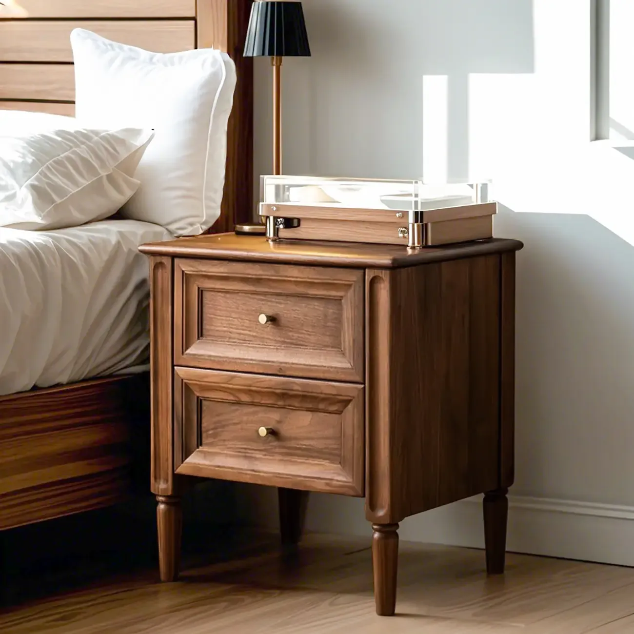 Traditional Nut Brown Wooden Bedside Table with 2 Drawers Image - 1