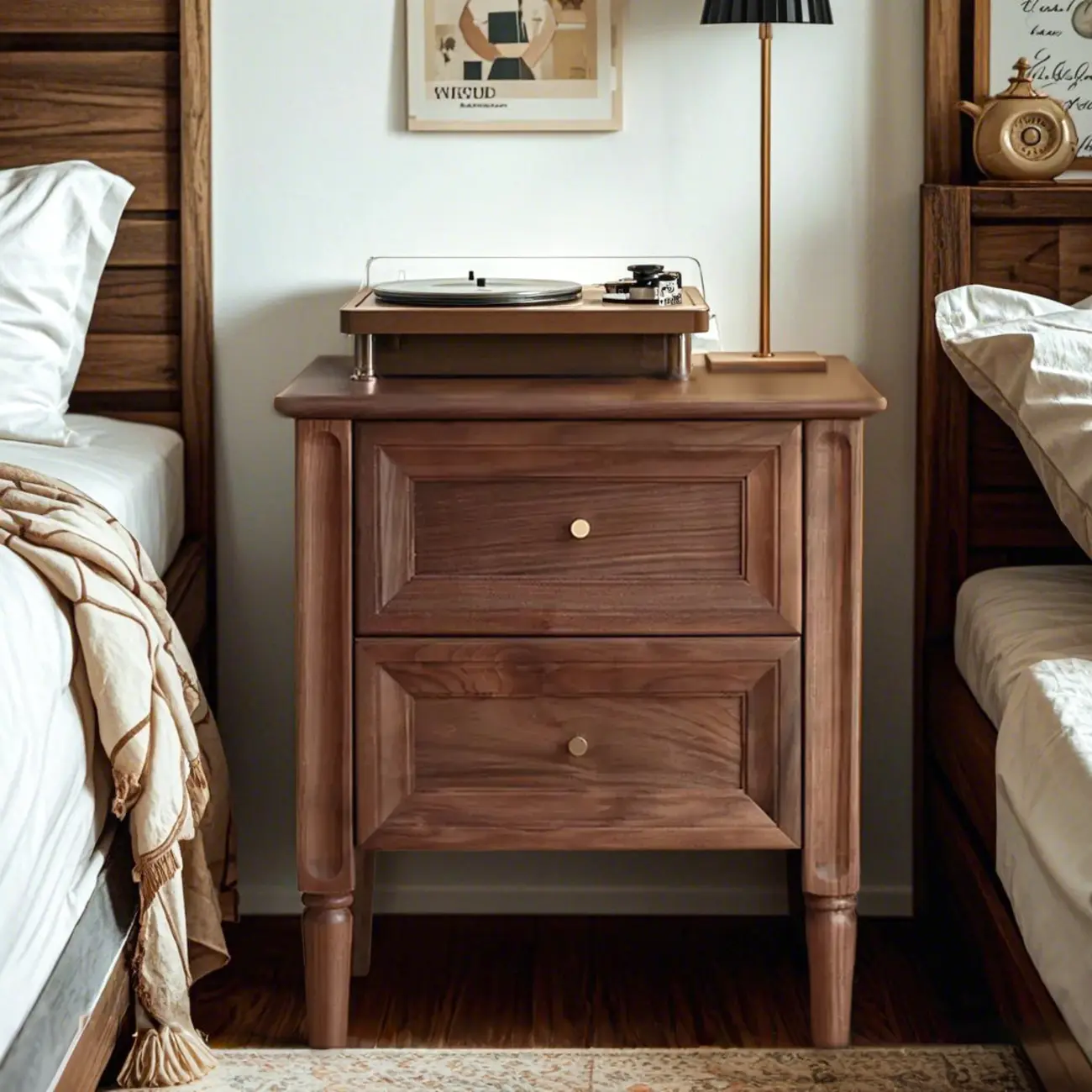 Traditional Nut Brown Wooden Bedside Table with 2 Drawers Image - 2 | homeyfad