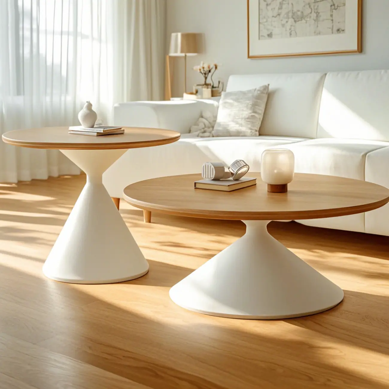 Vintage Wood Round Nesting Coffee Table Set with White Base Image - 1 | homeyfad