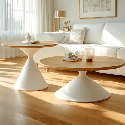 Vintage Wood Round Nesting Coffee Table Set with White Base Image - 1