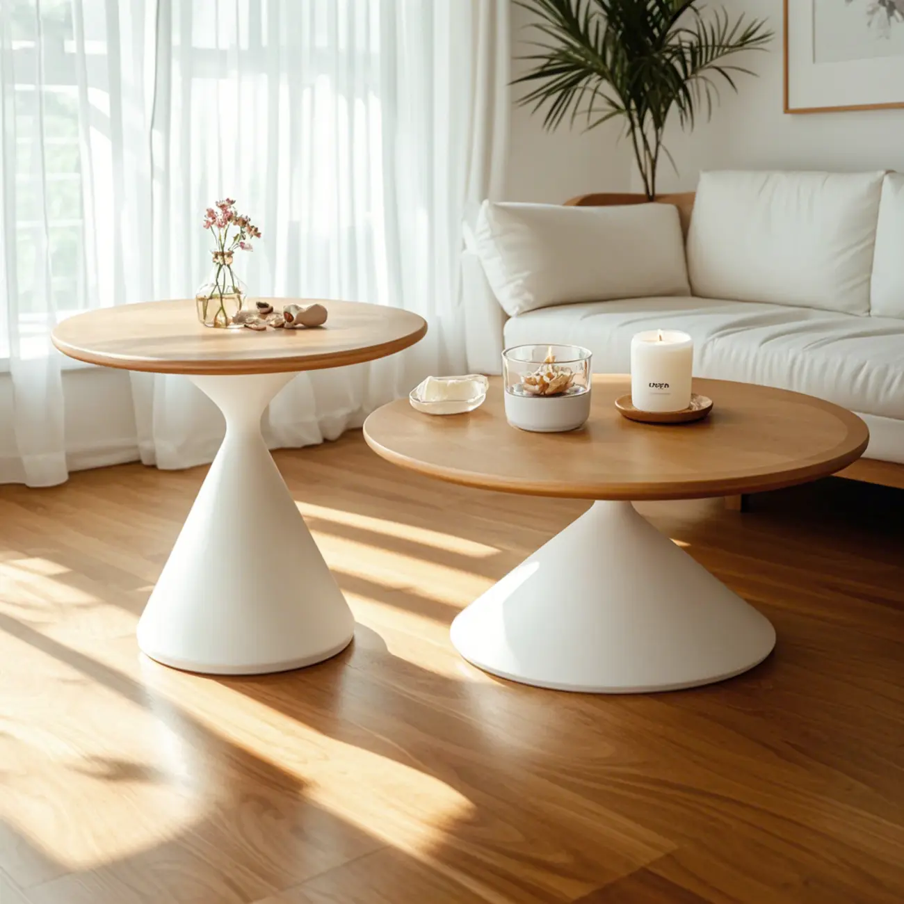 Vintage Wood Round Nesting Coffee Table Set with White Base Image - 2 | homeyfad