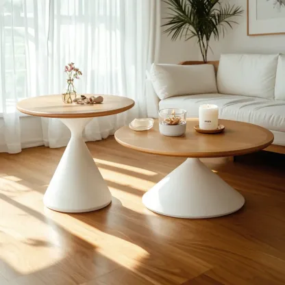 Vintage Wood Round Nesting Coffee Table Set with White Base Image - 2