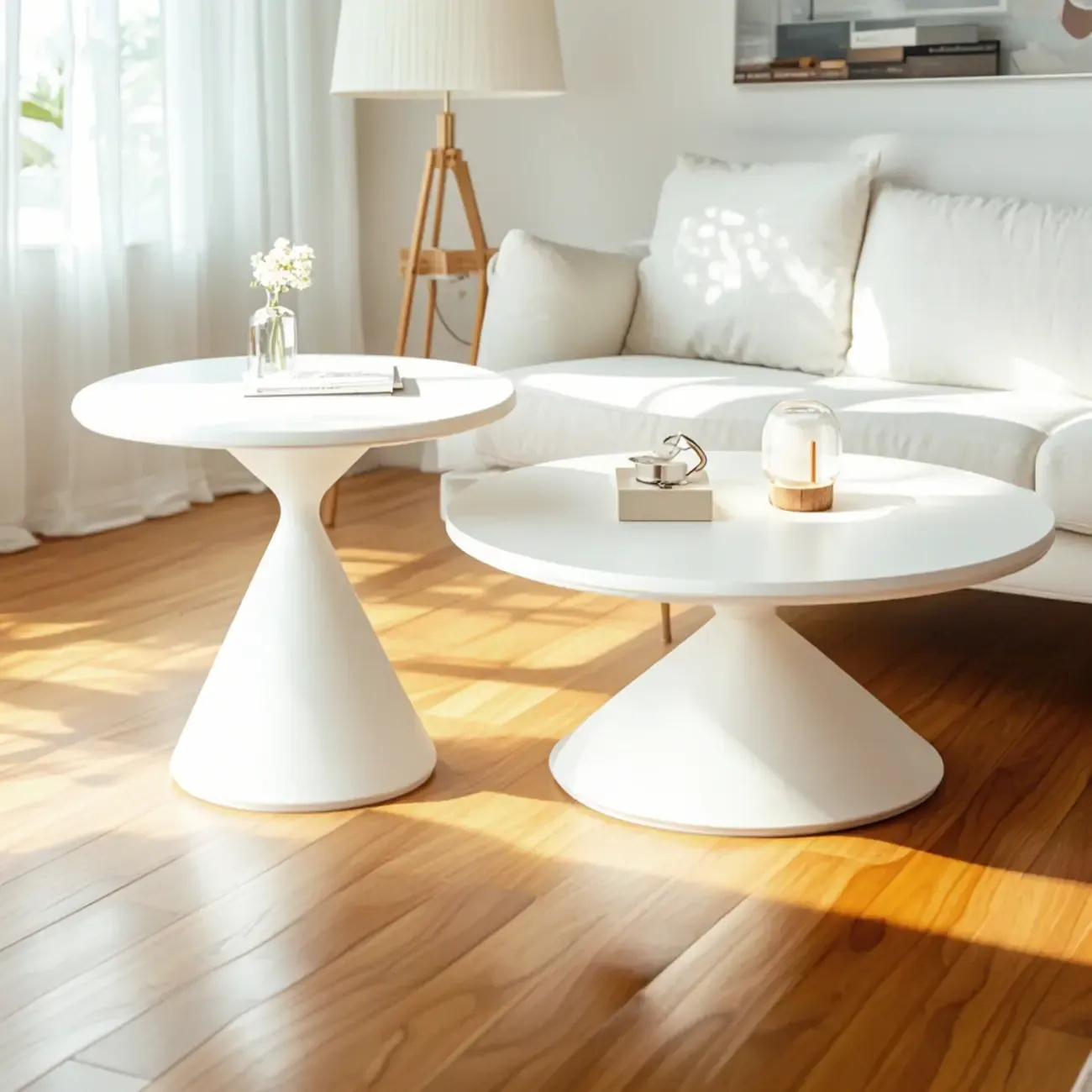 Vintage Wood Round Nesting Coffee Table Set with White Base Image - 3