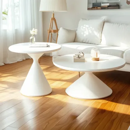 Vintage Wood Round Nesting Coffee Table Set with White Base Image - 3