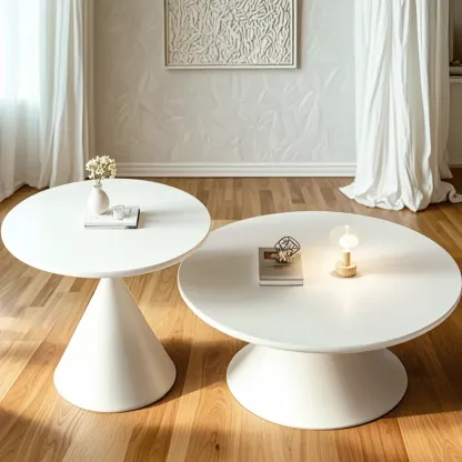 Vintage Wood Round Nesting Coffee Table Set with White Base Image - 4